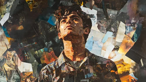 Collage portrait of a young man gazing upward in fragmented light.