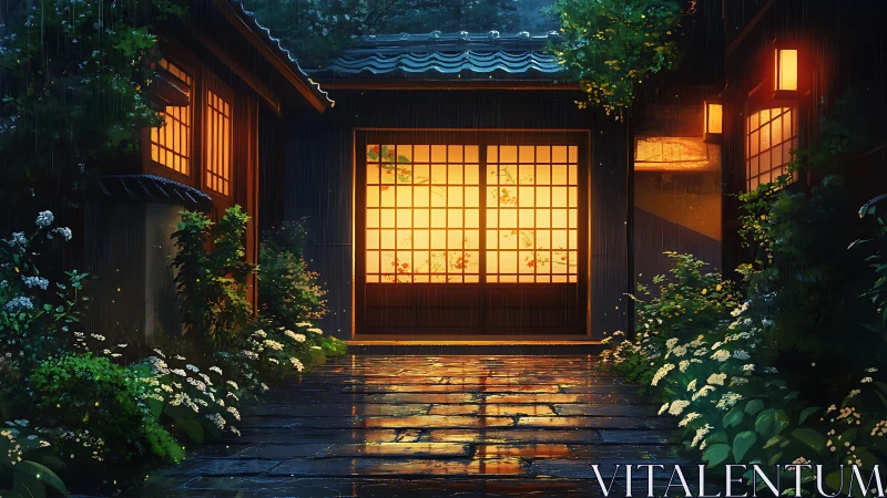 Warm shoji-lit courtyard renders rain-soaked Japanese entrance