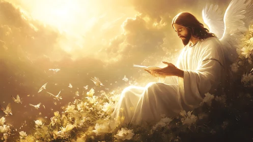 Angelic robed figure studies illuminated book in golden clouds