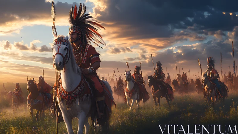 Warriors on horseback ride through a glowing prairie dusk
