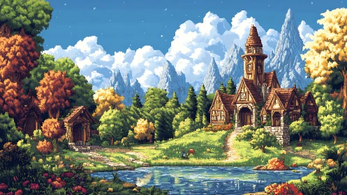 Pixel art fantasy chapel by lakeside amid autumn forest