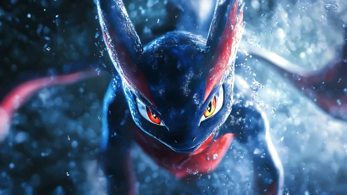 Blue red amphibious creature lunging through water.