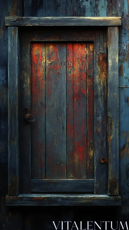 Weathered wooden door with rusted lock and peeling paint.