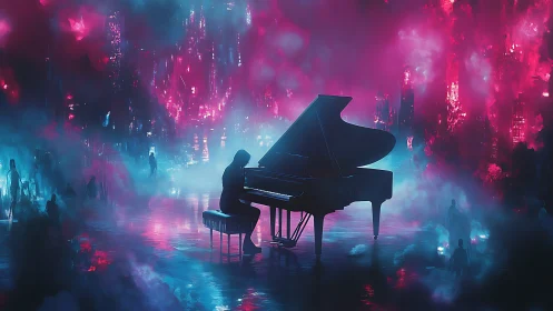 Midnight piano whispers in a neon dreamscape city.