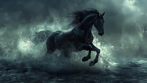Black horse runs through turbulent water under storm clouds