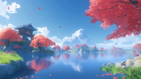 Crimson maples embrace a tranquil lake beneath dreamlit peaks.