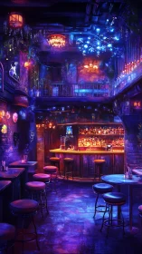 Neon-lit cyberpunk bar interior glows with vibrant purple light