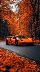 Orange supercar framed by dense autumn forest roadway.