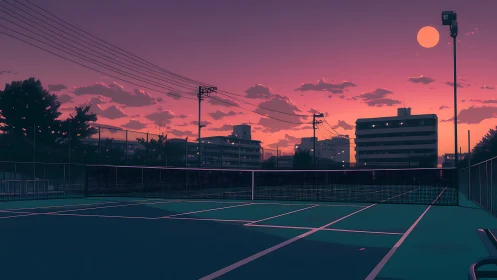 Empty urban tennis court rendered under magenta twilight sky