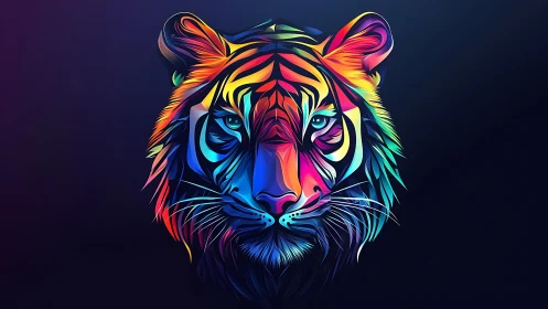 Radiant rainbow tiger portrait glowing in deep night hues.