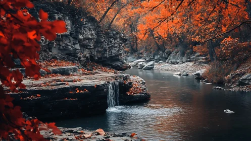 Autumn river gorge with stratified rock ledge waterfall system.