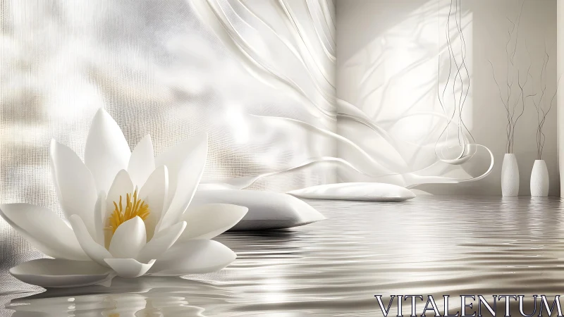 Serene White Lotus in Minimalist Water-Inspired Interior Artwork.