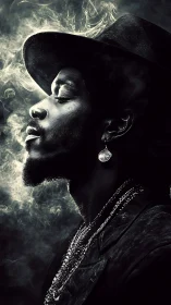 Monochrome profile portrait shows subject amid diffuse smoke
