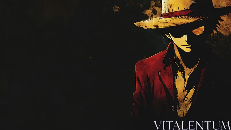 Straw hat anime character stands in dark textured background