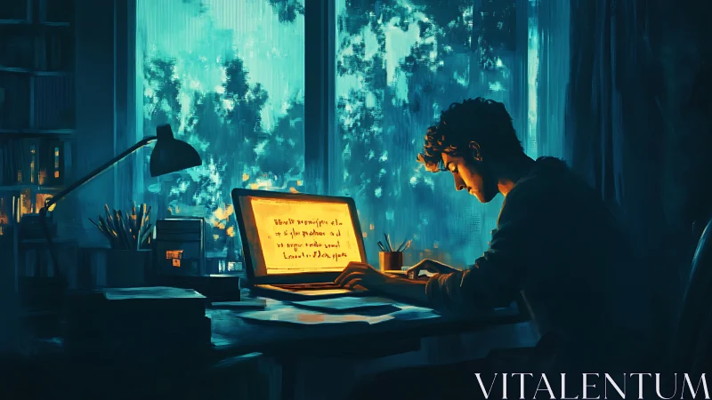 Solitary writer studies by laptop glow in teal dusk interior.