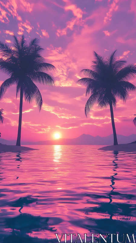 Neon sunset lagoon with palm silhouettes and reflective water surface