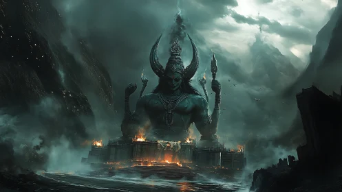 Colossal horned deity dominates stormlit burning citadel.