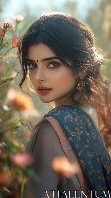 Soft sunlight on elegant woman in embroidered blue scarf.