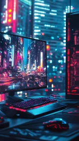 Neon gamer cockpit glowing against electric city skyline.
