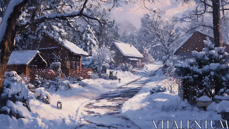 Snow-covered rural cabins along a narrow winter road.