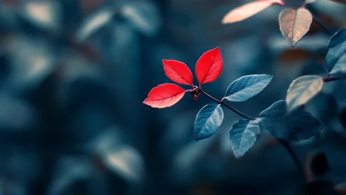 Red foliage cluster is isolated against desaturated background
