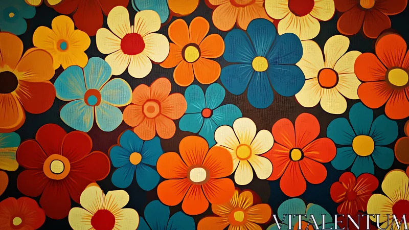 Bold retro flowers bloom in a vibrant graphic tapestry