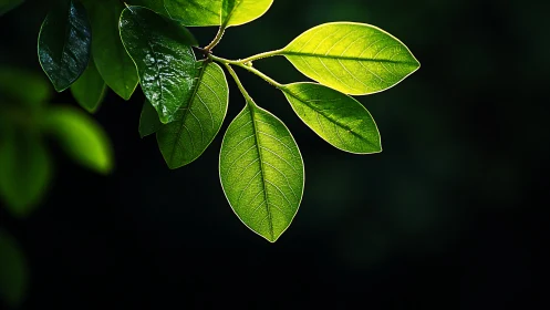 Sunlit green leaves against dark background, nature macro photography.