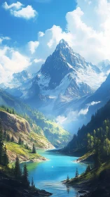 Tranquil mountain lake cradled by sunlit alpine peaks.