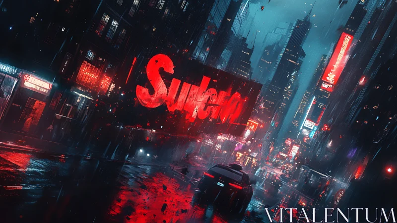 Neon soaked city street glows warmly through a rainy night