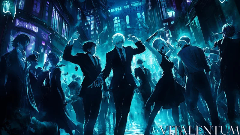 Crowded night alley with suited dancers in blue lighting.