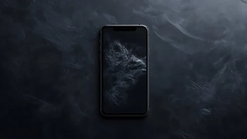 Black smartphone with abstract ocean screen on dark desk.