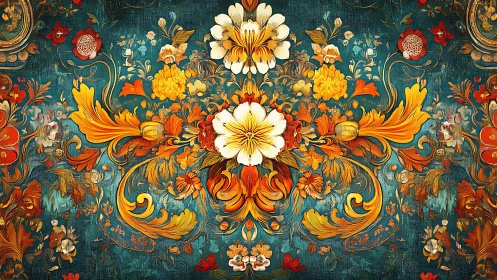 Ornate teal tapestry with luminous golden floral scrollwork.