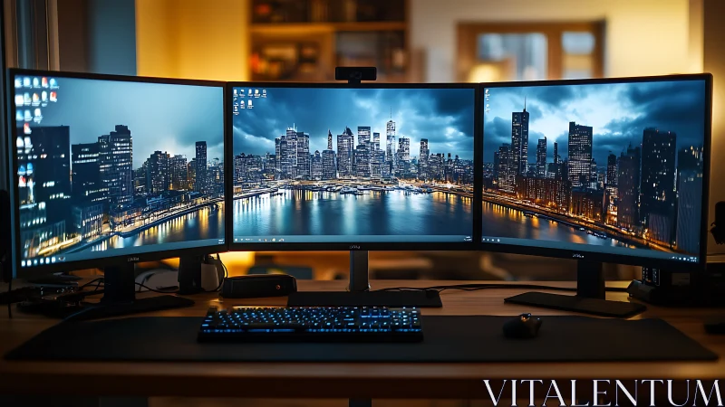 Triple monitor cityscape workstation in warm studio light.