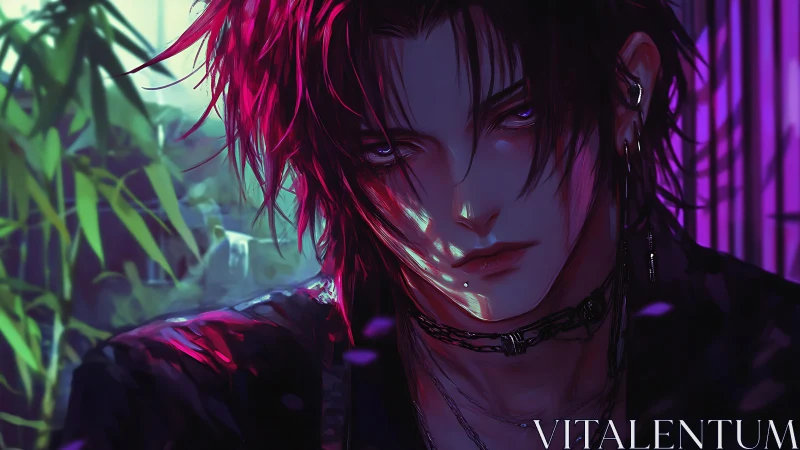 Neon-lit punk portrait with intense violet gaze and scars.