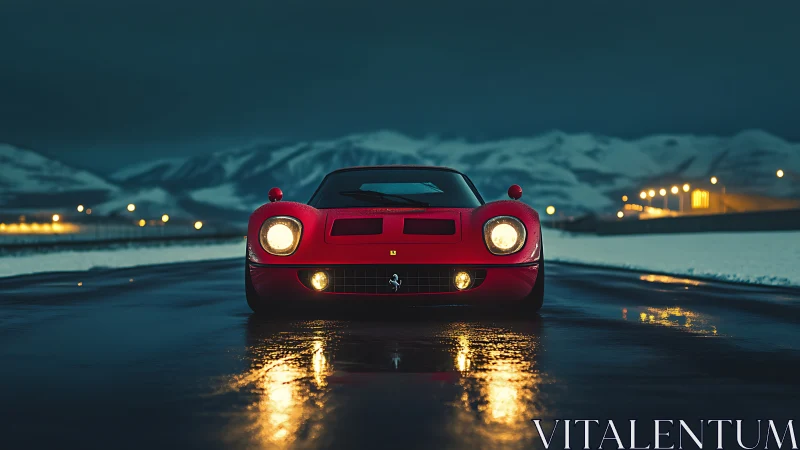 Red classic sports car glowing on a snowy night road.