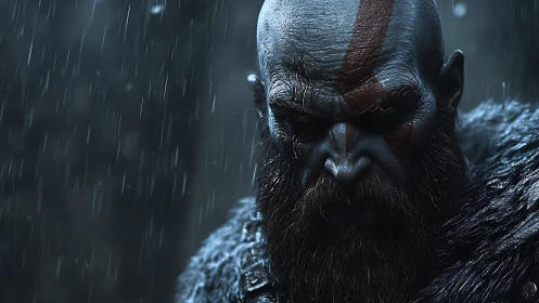 Warrior portrait in icy rain with scarlet facial markings.