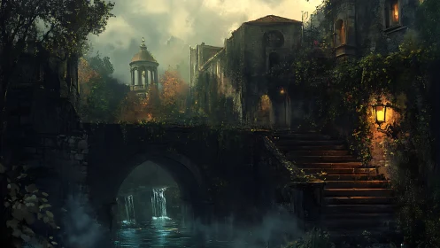 Soft lantern light welcomes wanderers to a misty canal