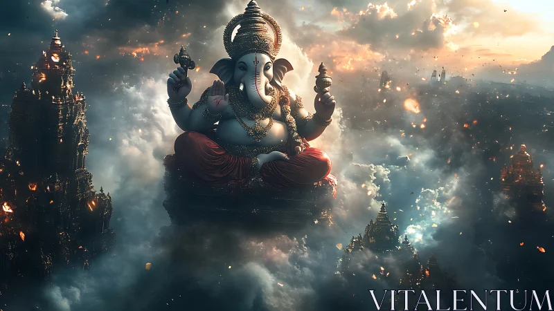 Elephant-headed deity statue above clouded temple skyline.