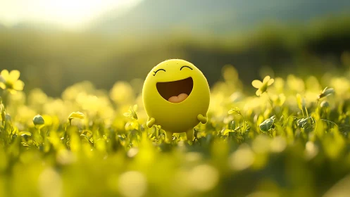 Luminous emoticon sphere in shallow-depth meadow illumination.