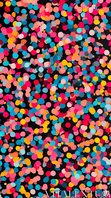 Dense multicolor confetti dot pattern on black background.
