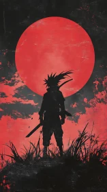 Silhouetted swordsman stands before large red sun