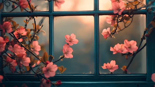 Coral Blooms Frame Window Against Soft Light.