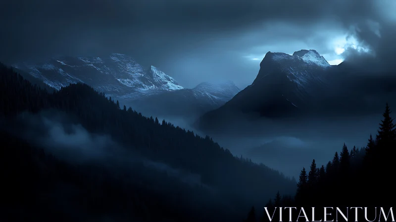 Moonlit alpine peaks cut through deep blue mountain fog.