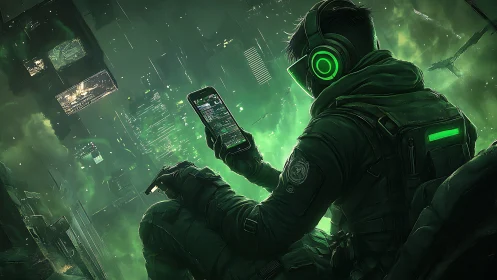 Neon-clad data diver scrolls the sky like a glowing script