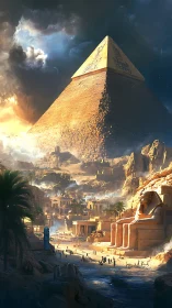 Colossal pyramid dominates ancient desert city under storm