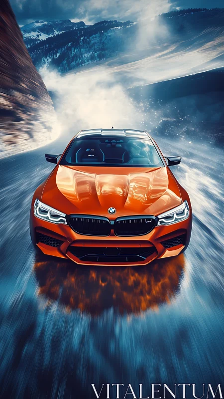 Orange BMW sports car drives fast on wet mountain road