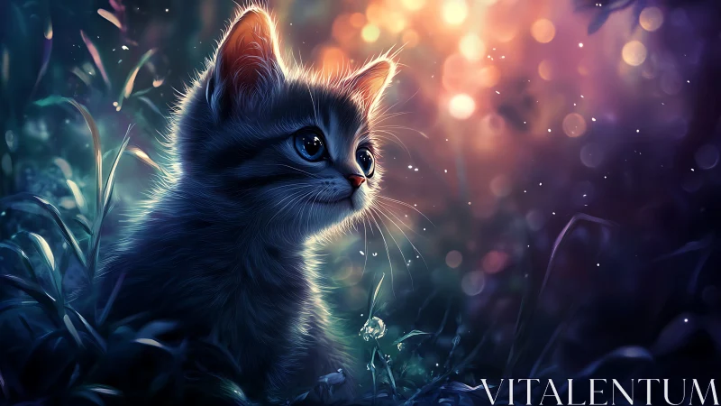 Luminous Kitten in an Ethereal Garden at Twilight