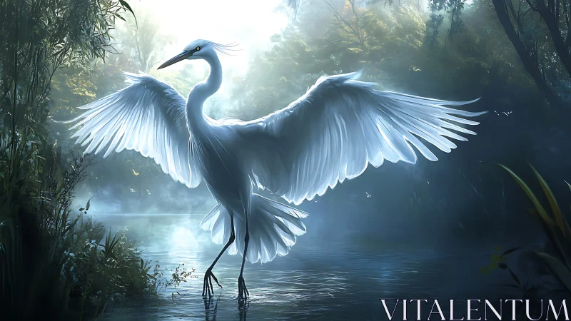 White heron spreads luminous wings over misty forest water
