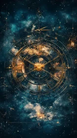 Golden astronomical clock diagram floats within deep starfield