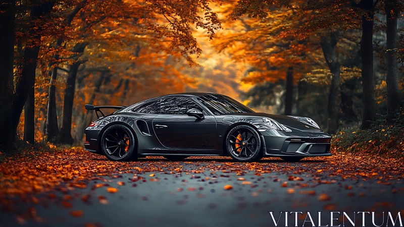 Grey sports coupe on forest road amid autumn foliage scene.